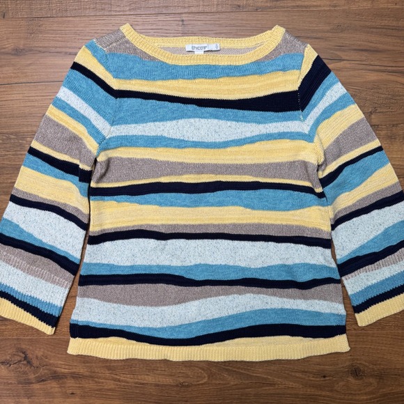 Chico's Striped Pullover Sweater 0 Small Aquatic Teal Bell Sleeve Yellow Black - Picture 2 of 6